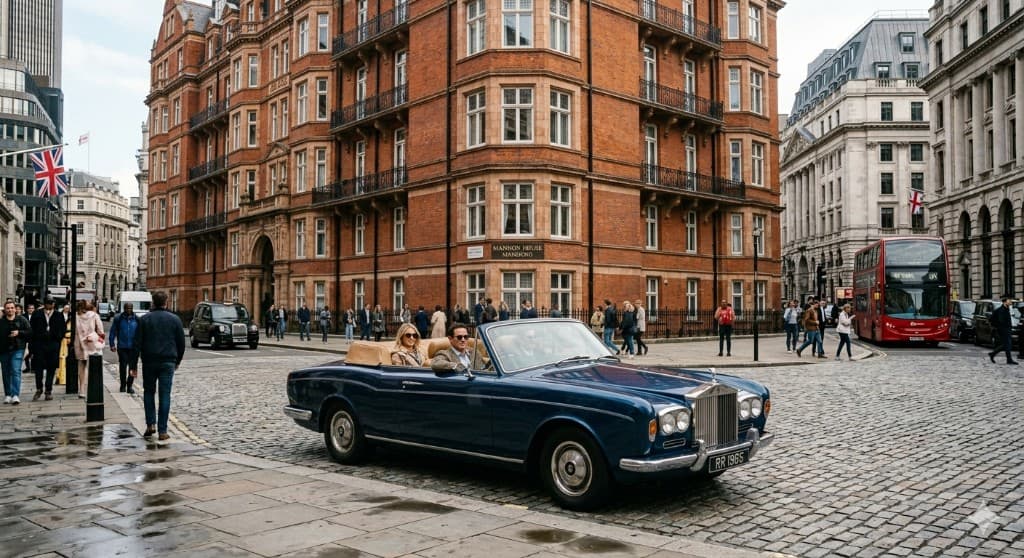 Rolls-Royce convertible at a London intersection with Mannon House and a double-decker bus