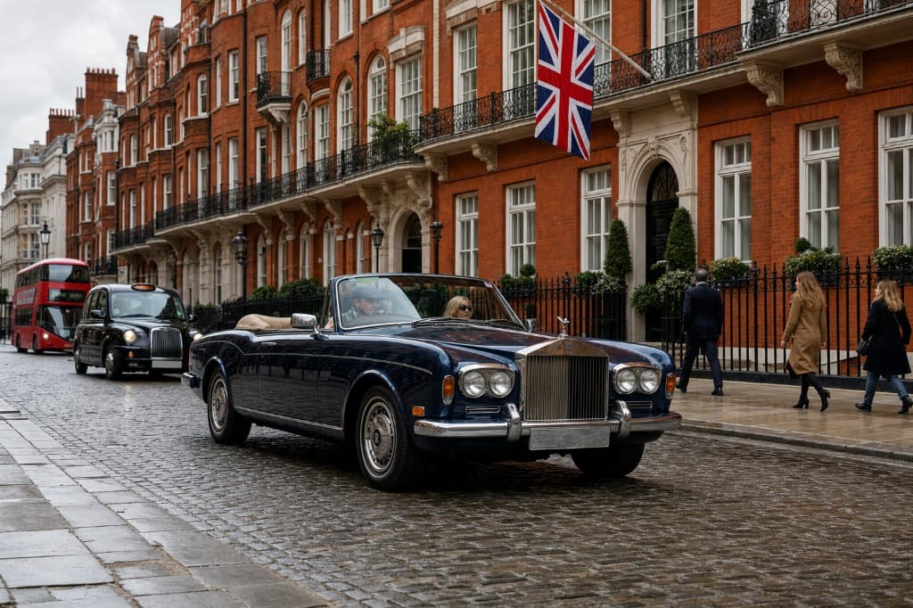 Rolls-Royce convertible on a London street with the Union Jack