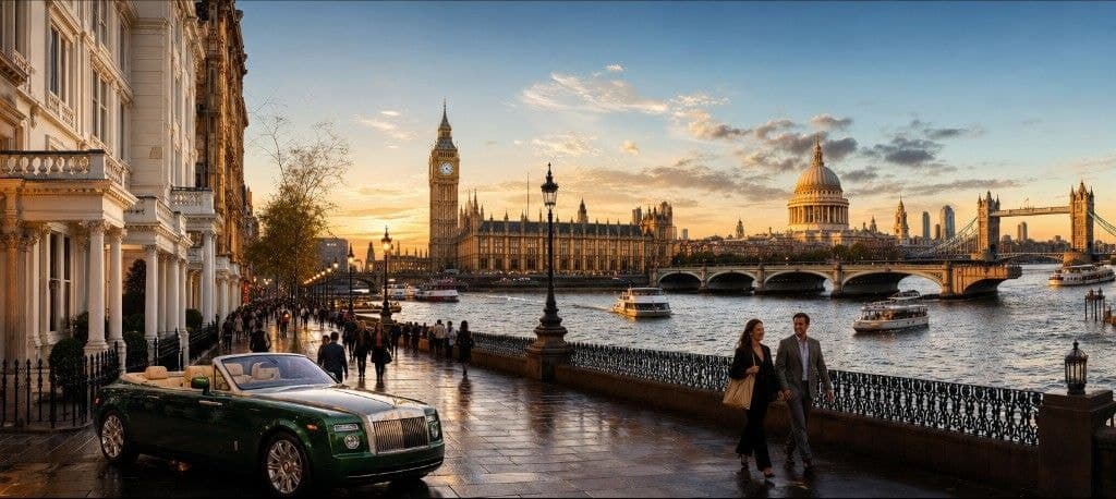Sunset on the Thames embankment with river boats and a Rolls-Royce convertible