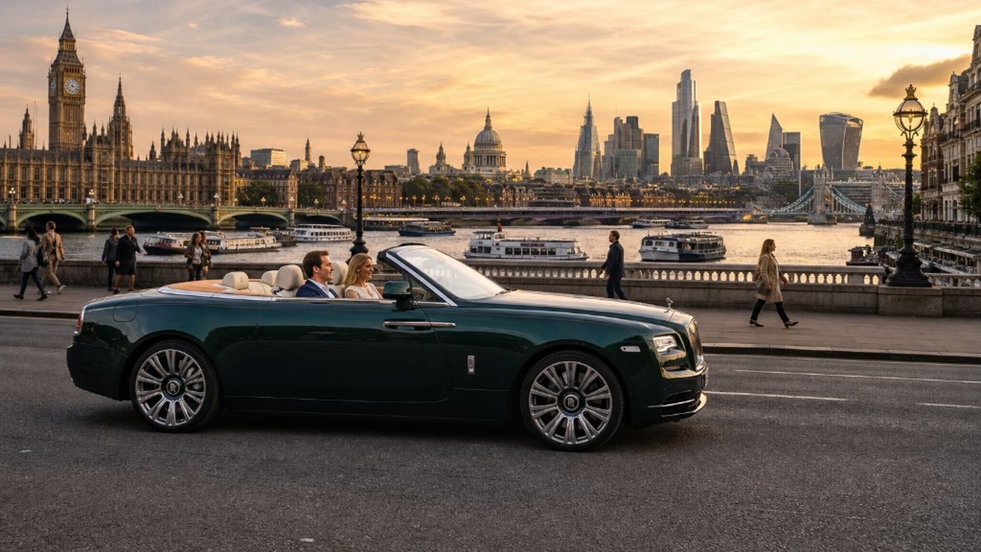 Rolls-Royce convertible before Big Ben, Tower Bridge and the Thames at sunset